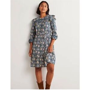 Boden Floral Trim Detail Jersey Dress Tiered Hem Long Sleeve Peasant Flutter 8